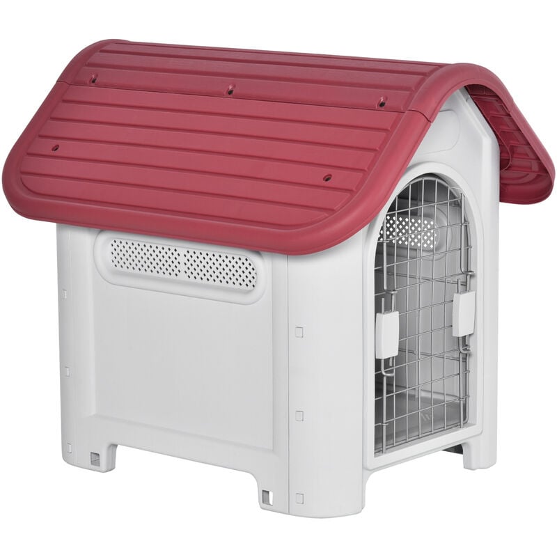 Hundehütte Outdoor Hundehaus mit Dachluke Tor Unterschlupf für kleine Hunde Luftzirkulation Metall PP Rot+Hellgrau 59 x 75 x 66 cm - Pawhut