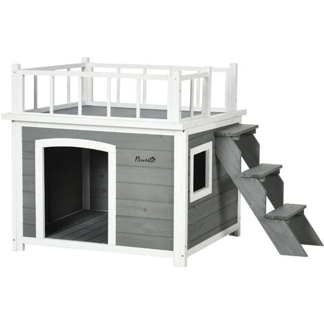 PawHut Hundehütte Hundehaus mit Balkon, Erhöhtes Kleintierhaus mit Treppe, Fenster, Hundehöhle für Mittele, Große Hunde, Tannenholz, Hellgrau, 121 x 77 x 78 cm