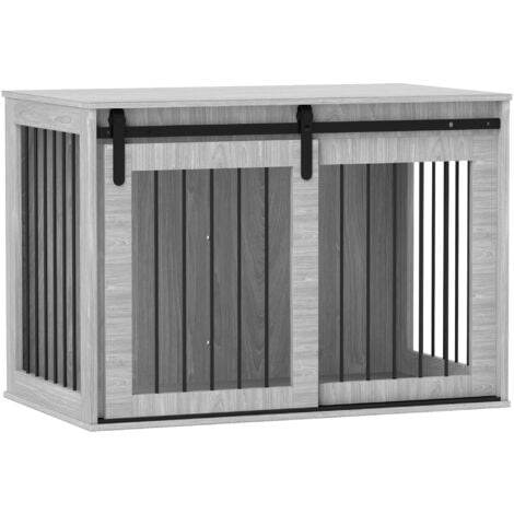 PawHut Hundekäfig für Zuhause, Abschließbar Hundehütte mit Eingang, Hundebox mit Schiebetür, Hundehaus für große Hunde unter 30 kg, Grau, 98 x 58 x 61 cm