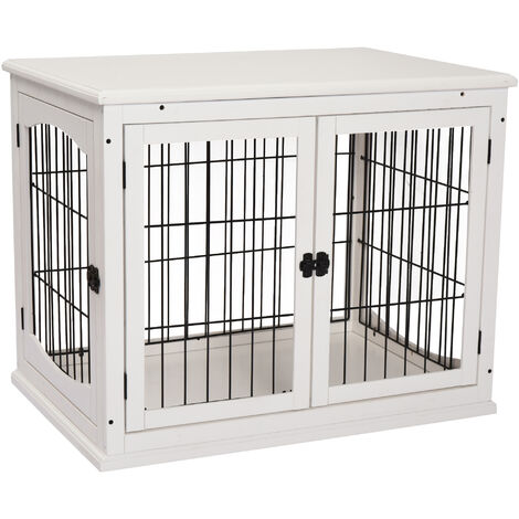 PawHut Hundekäfig Möbel mit 2 Eingängen moderne MDF Hundebox für Zuhause Indoor Hundehütte für mittelgroße und kleine Hunde bis zu 20 kg Hundehaus 58,5x81x66 cm Weiß