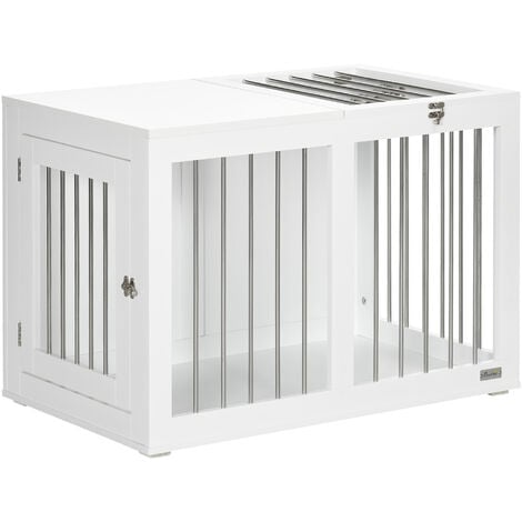 PawHut Hundekäfig Möbel mit 2 Türen Stahl Hundebox für Zuhause Indoor Hundehütte für mittelgroße Hunde bis zu 20 kg Beistelltisch Hundehaus 80 x 50 x 56,5 cm Weiß