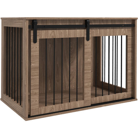 PawHut Hundekäfig Möbel mit Abschließbar Schiebetüren moderne Metall Hundebox für Zuhause Indoor Hundehütte für große Hunde bis zu 30 kg Beistelltisch Hundehaus 98 x 58 x 61 cm Nussbaum