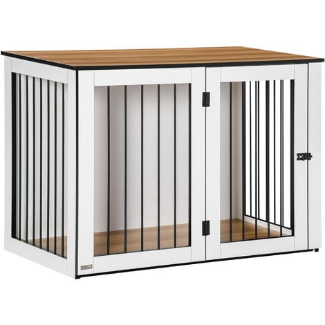 PawHut Hundekäfig Möbel mit Türen Fenster moderne Stahl Hundebox für Zuhause Indoor Hundehütte für große Hunde bis zu 30 kg Beistelltisch Hundehaus 106 x 60 x 76 cm, Eiche+Weiß