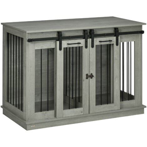 PawHut Hundekäfig Möbel mit Zweiraum-Option, 2 Türen moderne Metall Hundebox für Zuhause Indoor Hundehütte für große Hunde bis zu 30 kg Hundehaus 120 x 60 x 88,5 cm Grau