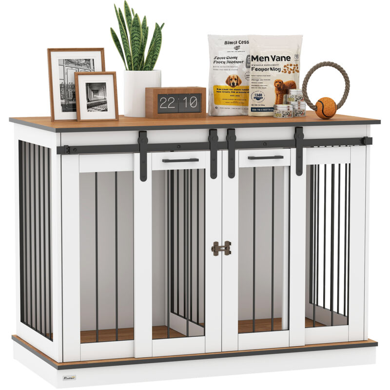 PawHut Hundekäfig Möbel Mit Zweiraum-option, 2 Türen Moderne Metall Hundebox Für Zuhause Indoor Hundehütte Für Große Hunde Bis Zu 30 Kg Hundehaus 120