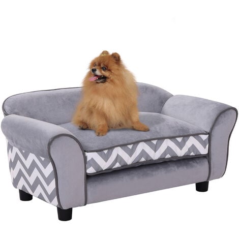 PawHut Hundesofa, Haustiersofa mit erhöhten Füßen, Hundecouch, Hundeliege mit Kissen, Hundebett, Katzensofa, Waschbar, Samt, Grau, 73,5 x 41 x 33 cm