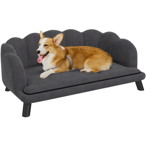 PawHut Hundesofa mit Rückenlehne Haustiersofa mit Holzbeinen Hundebett Weichem Bezug, Katzensofa Dunkelgrau 98,5x60,5x35,5 cm