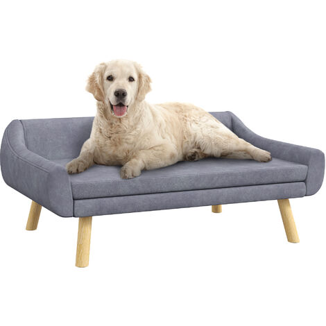 PawHut Hundesofa Katzensofa mit Rückenlehne, Hundecouch mit Holzbeine, Haustiersofa mit Kissen, Hundebett für mittelgroße und große Hunde, Samt, Grau, 102 x 58,5 x 42,5 cm