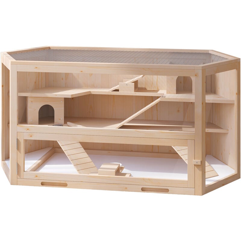

Jaula de Madera para Hámster Casa para roedores pequeños de 3 pisos 115x60x55cm - Madera Natural