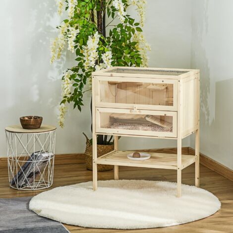 PawHut Jaula de Madera para Hámster Ratones Casa de Juegos con 5 Plataformas Rampa Techo Abatible Ventana Cristal Plástico y Estante Inferior 60x40x80 cm Natural