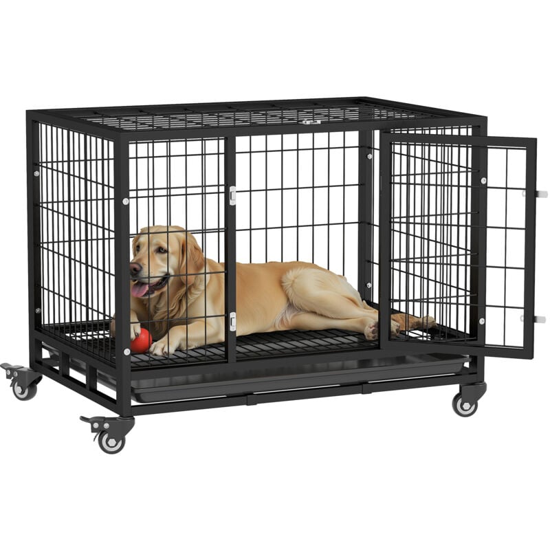 

Jaula de Metal para Mascotas tipo Perro Grande con Ruedas y Bandeja Extraíble - Negro