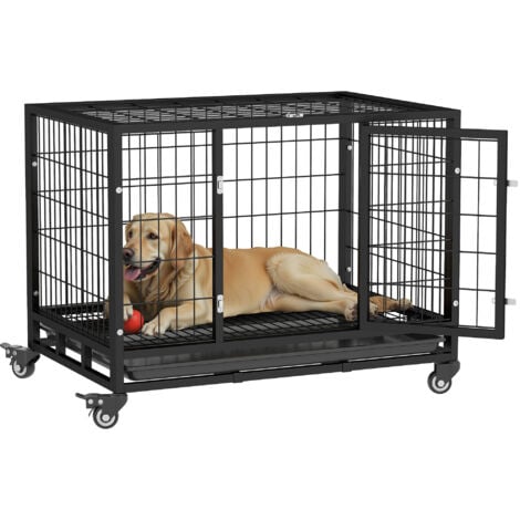 PawHut Jaula de Metal para Mascotas tipo Perro Grande con Ruedas y Bandeja Extraíble