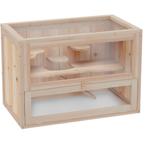 PawHut Jaula Madera para Hámster Ratoncillos Casa para roedores Pequeños de 2 Pisos - Natural