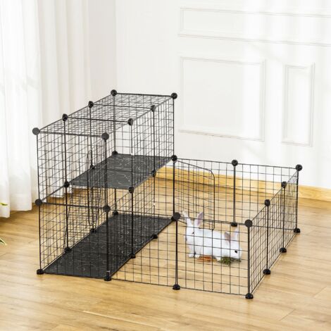 PawHut Jaula Modular para Animales Pequeños con 24 Paneles 2 Puertas para Cobayas Conejos Chinchillas 105x105x70cm Negro