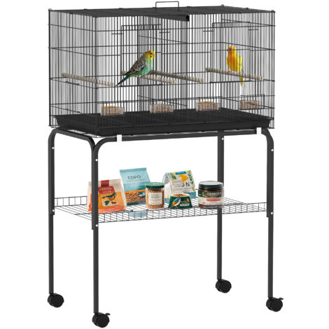 PawHut jaula para pájaros con divisor jaula con ruedas para mascota aves loros canarios con comederos perchas y bandeja extraíble 76x46x116 cm negro