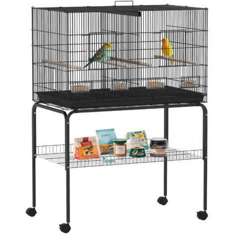 PawHut jaula para pájaros con divisor jaula con ruedas para mascota aves loros canarios con comederos perchas y bandeja extraíble 94x57x128 cm negro