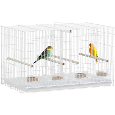 PawHut jaula para pájaros con divisor pajarera con 4 comederos 4 perchas y bandeja extraíble jaula para loros canarios periquitos 76x46x46 cm blanco