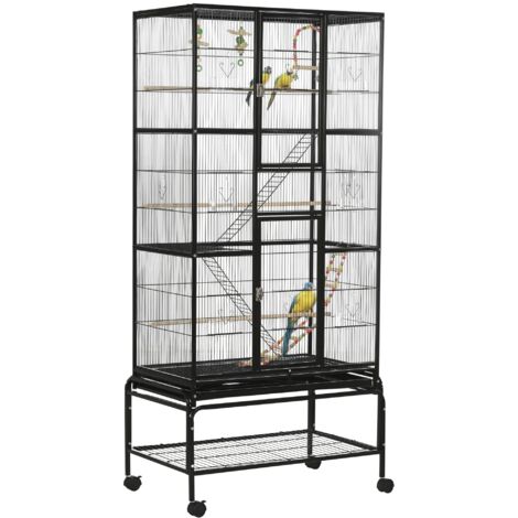 PawHut jaula para pájaros con ruedas 83x53x180 cm pajarera metálica de 3 niveles con 3 perchas comederos juguetes rampas y estante de almacenamiento