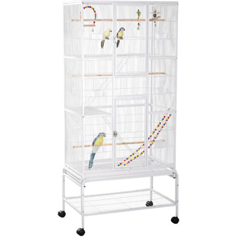 PawHut jaula para pájaros con ruedas con comederos perchas columpio escalera estante y bandeja extraíble 83x53x180 cm blanco