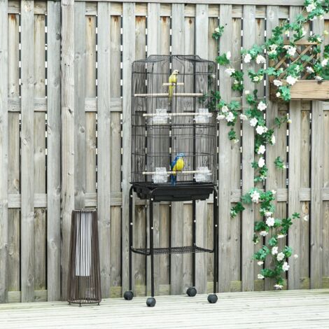 PawHut Jaula para Pájaros con Soporte Jaula Metálica con Ruedas Bandeja Extraíble y Estante 46,5x36x157 cm Negro