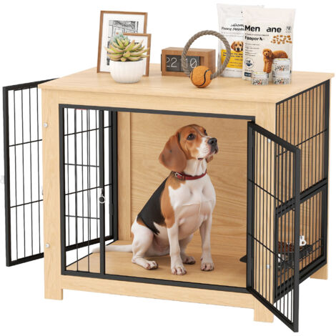 PawHut jaula para perros mesa auxiliar moderna con 2 puertas soporte giratorio con 2 tazones y marco de acero para perros medianos 80x60x68 cm roble