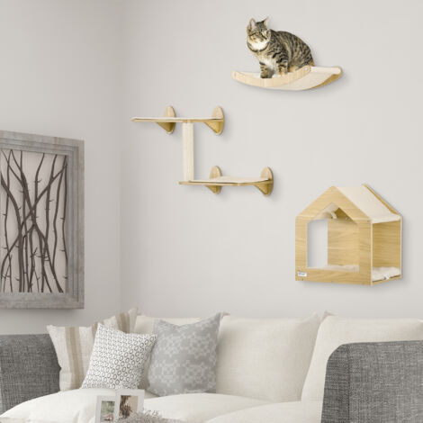 PawHut Juego de Escalada para Gatos de 3 Piezas Set de Pared con Estantes Cama  Hamaca y Poste de Sisal Color Roble