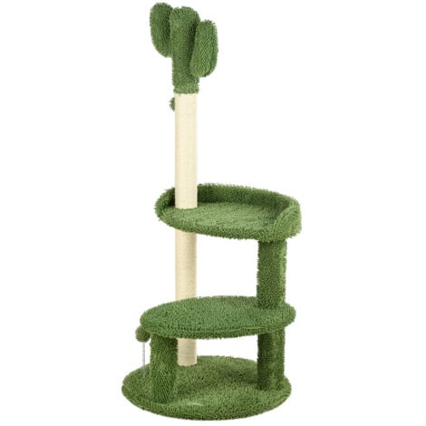 PawHut Kaktus Kratzbaum 111 cm Katzenkratzbaum mit 2 Etagen, Spielball Katzenbaum, Kletterbaum mit Katzenbett für Katzen bis 10 kg, Katzenmöbel, Sisal, Grün