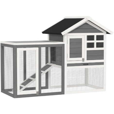 PawHut Kaninchenstall Tannenholz Outdoor Indoor Kleintierstall Kleintierhaus Kleintierkäfig Herausnehmbare Bodenwanne und Rampe Grau+Schwarz+Weiß 123,5 x 62,6 x 92,5 cm