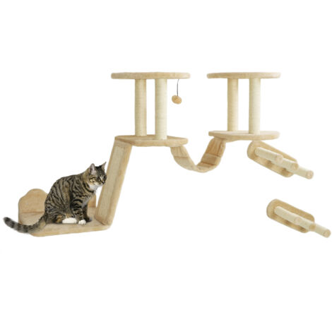 PawHut Katzen Kletterwand Set, 3-teilig Katzenmöbel mit Kratzbaum, Sitzstangen, Leiter, Stufen, Kratzbrett, für Katzen bis 5 kg, Sisal, Beige