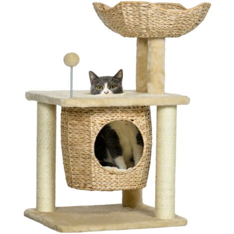 PawHut Katzen Kratzbaum Klein, 74 cm Katzenbaum mit Katzenhöhle, Spielball, Indoor Kletterturm mit Bett, Kratzmöbel für Katzen bis 5 kg, Beige