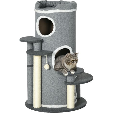 PawHut Katzen Kratztonne 99 cm Spieltonne Kratzbaum Katzenbaum mit Katzenbett, Spielball, Plattformen, Katzenkratzbaum mit 3 Türen, Katzenmöbel, Grau