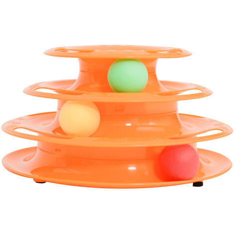 PawHut Katzen Spielturm Spielzeug Kugelbahn Kreisel mit 3 Bällen 3 Etagen Orange L25 x B16 x H13 cm - orange