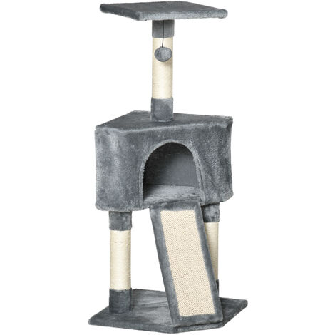 PawHut Katzenbaum, 3-Stock Kratzbaum, Katzenhöhle, Sisalsäulen, Kratzbrett, Katzenhaus, Plüsch Grau 40 x 40 x 98 cm - grau
