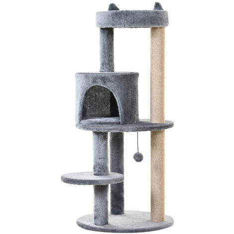 PawHut Katzenbaum 4-Stock Katzenhöhle Katzenhaus mit Spielbällen Sitzstange Sisalsäule und Kratzbrett groß stabil luxuriös Sisal Plüsch Grau 48x48x104 cm