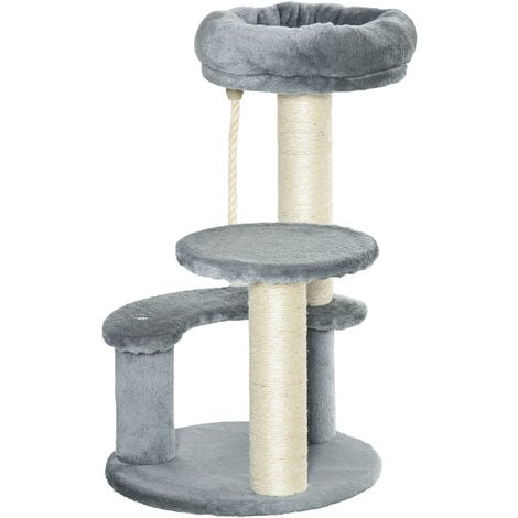 PawHut Katzenbaum Kletterbaum mit Hängematte, 3-Stufiger Spielbaum mit Katzenbett Katzenkratzbaum mit Sitzplattform, Sisalsäulen, Grau Ø40 x H65 cm