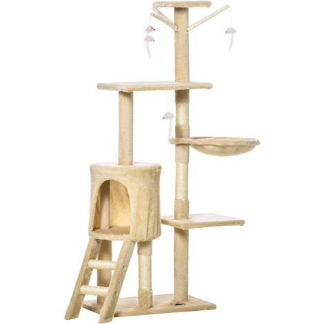 PawHut Katzenbaum Kratzbaum Katzenkratzbaum Kletterbaum Katze Treppe 4 Spielzeug Beige 50 x 35 x 134,2 cm - Beige + Weiß