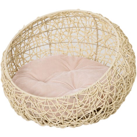 PawHut Katzenbett aus Rattan Katzenhöhle mit Kissen Katzenkorb Hundebett Katzenschlafplatz Hundehütte Tierbett für Katzen Hunde Beige Ø56 x 35 cm