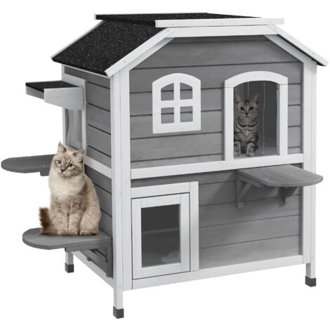 PawHut Katzenhaus aus Holz 2-Etagen Winterfest wasserdicht Katzenhütte mit Asphaltdach klappbarem Deckel Treppe Katzenhöhle Outdoor Schutzhütte für Draußen Garten Balkon 78 x 55,5 x 91 cm Grau
