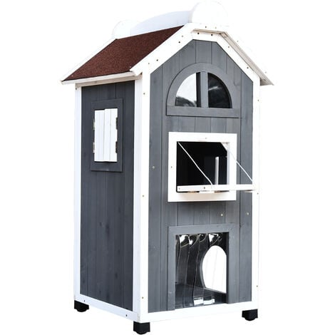 PawHut Katzenhaus für Katzenbett oder Katzentoilette, Katzenschrank, Katzenklo Indoor, Tannenholz, Asphaltdach, Grau, 59 x 55 x 109 cm
