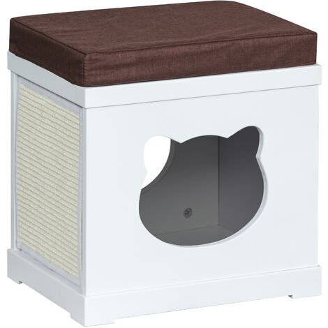 PawHut Katzenhaus Sitzhocker Hocker 2 In 1 Katzenhöhle Katzenwohnung MDF Weiß 41 x 30 x 36 cm - weiß