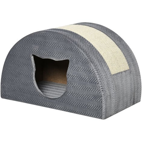 PawHut Katzenhöhle mit Kraztbrett Katzenbett Kratzhaus Katzenhaus Katzenwohnung Sisal Grau 48,5 x 30 x 30 cm