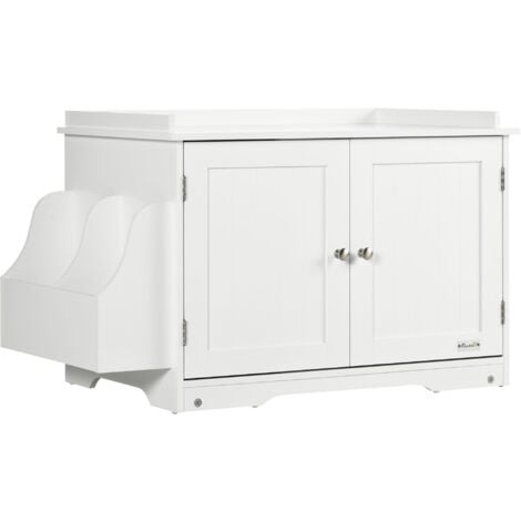 PawHut Katzenklo-Schrank Katzenhaus mit Magnettüren Trennwand Katzentoilette mit Stauraum Katzenschrank für mittelgroße Katzen Beistelltisch Katzenhöhle 86 x 48 x 52 cm Weiß