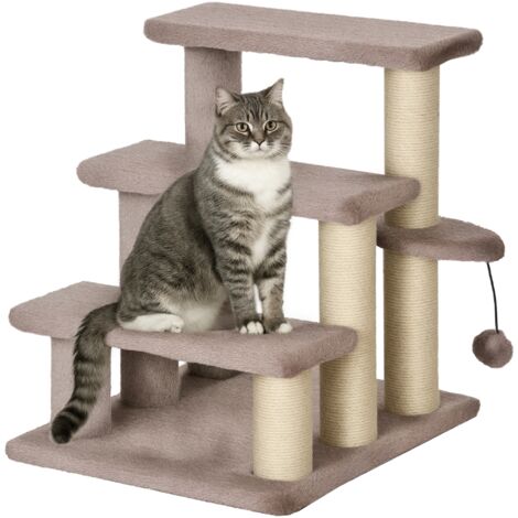 PawHut Katzentreppe 3-stufige Haustiertreppe mit Kratzsäulen Ball Hundetreppe Tiertreppe für Katzen bis 5 kg Plüsch Jute Braun 45 x 40 x 48 cm