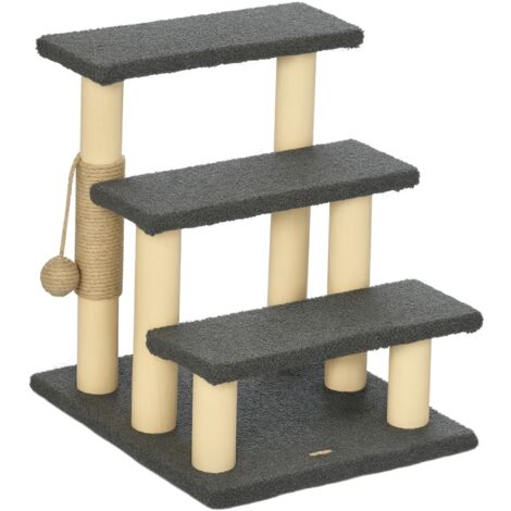 PawHut Katzentreppe 3-stufige Tiertreppe, 48 cm Haustiertreppe mit Sisalsäule, Hundetreppe mit Spielball, Einstieghilfe für hohe Betten, Kiefernholz, Grau+Natur
