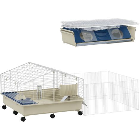 PawHut Kleintierkäfig mit Laufstall, Kaninchenkäfig, Kleintierstall mit Wasserflasche, Heufütterung, Futterschale, Rampe Nagerkäfig mit Rollen für Meerschweinchen und Igel Weiß