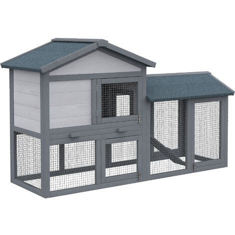 PawHut Kleintierstall mit Freilauf Kleintierkäfig Meerschweinchenstall MeerschweinchenKäfige für draußen Kleintierhaus Tannenholz Dunkelgrau 147 x 54 x 84 cm