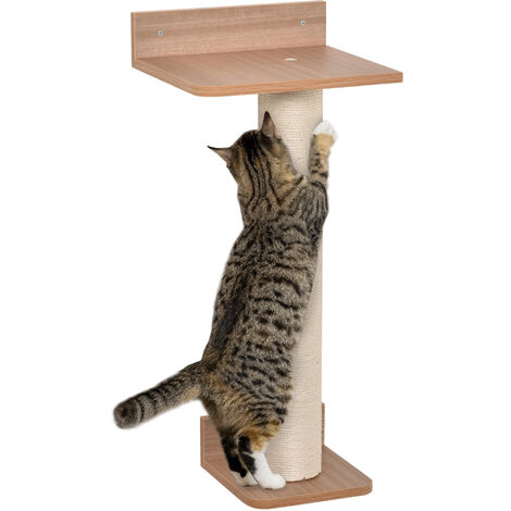 PawHut Kletterwand für Katzen Wandmontierter Katzenbaum Kratzbaum Katzenbretter für Wand Wandkratzbaum mit Katzenkratzmatte Kletterbaum Sisalsäulen Spanplatte Sisal Natürlich 30 x 27,5 x 63 cm - Natur
