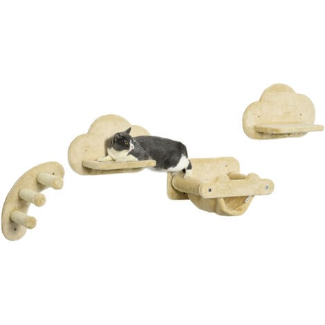 PawHut Kletterwand Katzen 4 TLG., Klettern Katzenkratzbaum inkl. Kaztentreppe, Hängematte, Sprungplatt, Wandkratzbaum, Wand Katzenmöbel für Katzen bis 5 kg, Plüsch, Beige