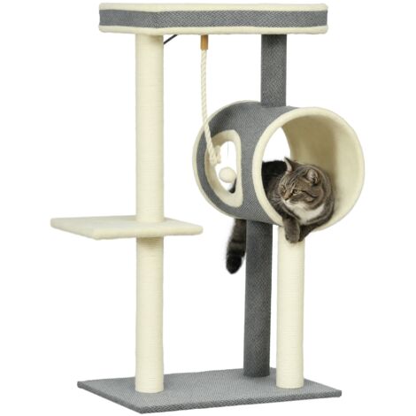 PawHut Kratzbaum 104 cm Katzenbaum mit Katzenhöhle, Katzenkratzbaum mit Spielball, Katzenbaum mit 2 Liegeflächen, Kletterbaum für Katzen bis 5 kg, Katzenmöbel, Sisal, Grau
