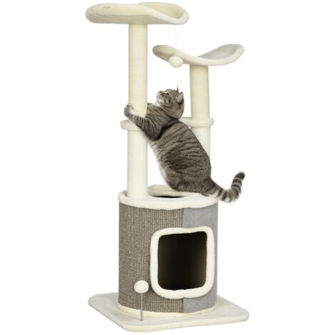 PawHut Kratzbaum 100,5 cm Katzenbaum mit Katzenhöhle, Bett, Treppe, Katzenkratzbaum mit Sisal-Kratzsäulen, Kissen, für Katzen bis 4,5 kg, Natur